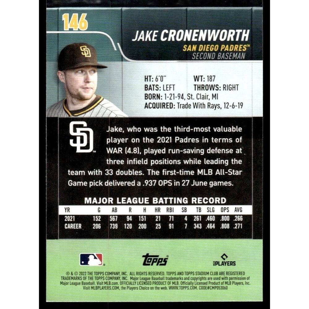 2022 Stadium Club Jake Cronenworth San Diego Padres #146 Black White SSP - Picture 2 of 2